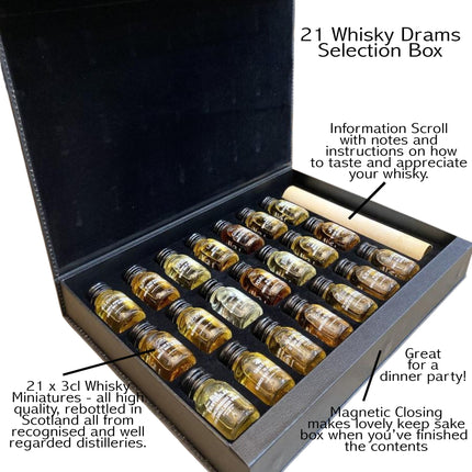 21 Drams - Whisky tasting in a Gift Box with Whisky Tasting Guide - 21 x 3cl 48%