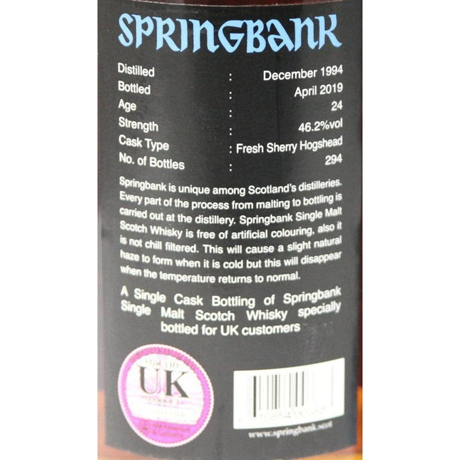 Springbank 24 Year Old Single Malt Scotch Whisky 2019 Release Distilled 1994 - The Really Good Whisky Company