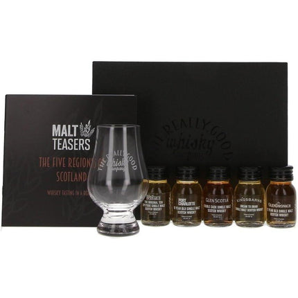 The 5 Regions of Scotland Whisky Tasting Pack with Glencairn Nosing Glass - 5 x 3cl Single Malt Teasers with Online Video Link - The Really Good Whisky Company