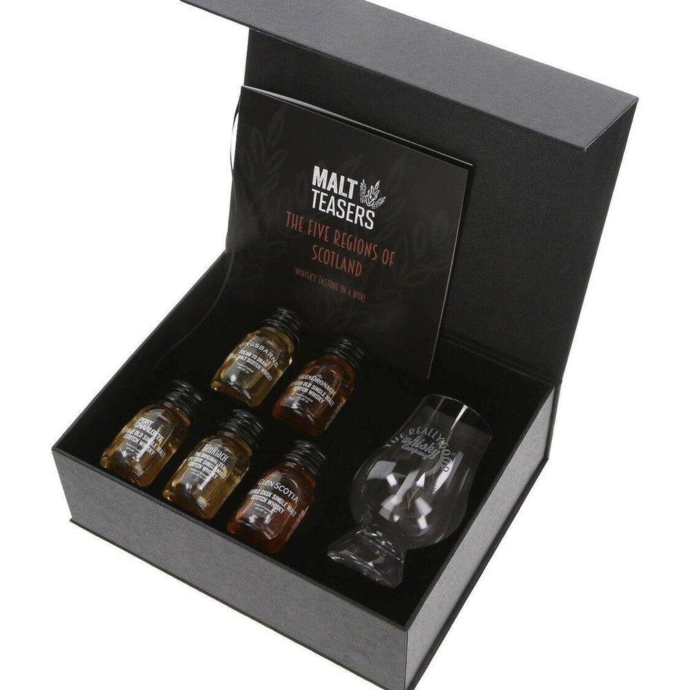 The 5 Regions of Scotland Whisky Tasting Pack with Glencairn Nosing Glass - 5 x 3cl Single Malt Teasers with Online Video Link - The Really Good Whisky Company