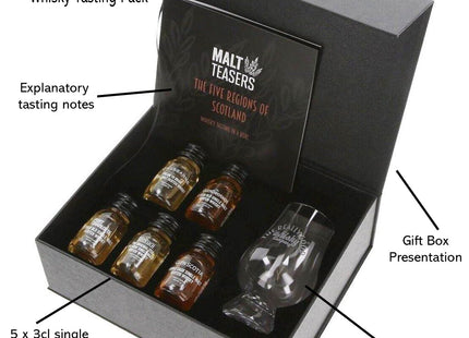 The Five Regions of Scotland Whisky Tasting Gift Set with Glencairn Whisky Glass - 5 x 3cl Single Malt Whisky Gift  42%