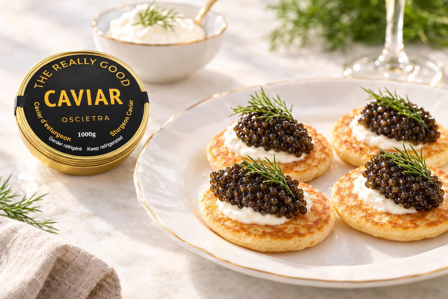 Caviar on blinis with crème fraîche and dill