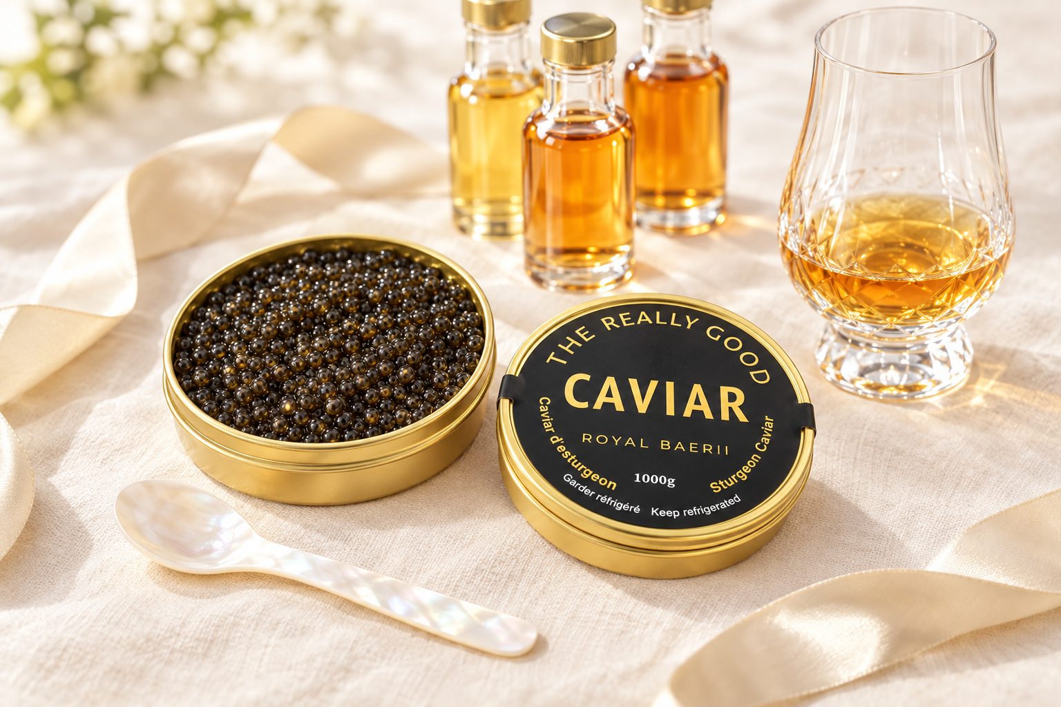 An open tin of Royal Baerii caviar with whisky drams and a tasting glass