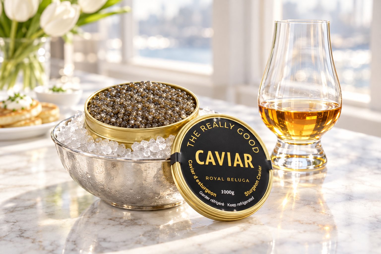 A tin of caviar on ice beside a glass of whisky