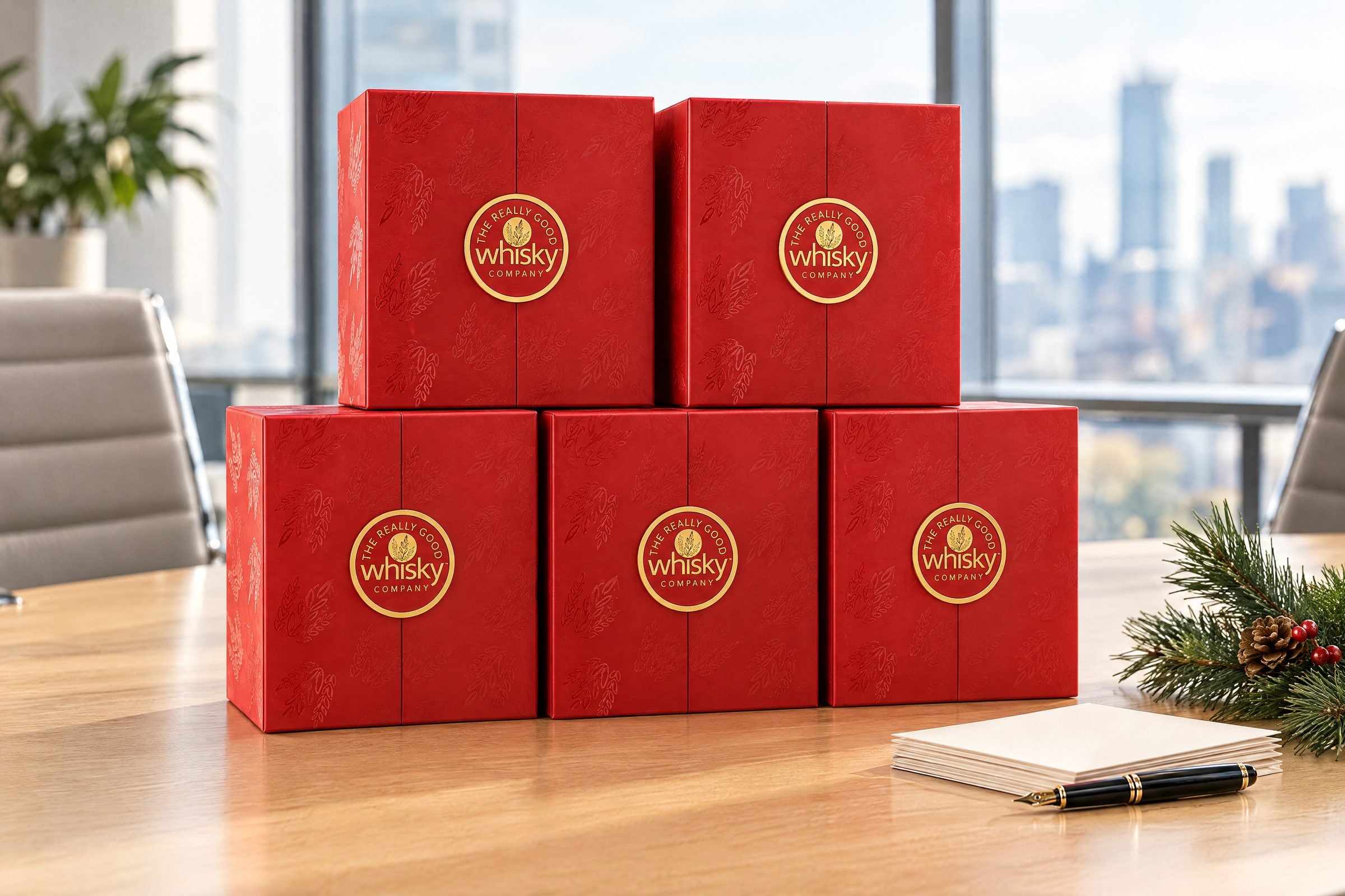 A stack of Festive Sherry Vault gift boxes on an office table