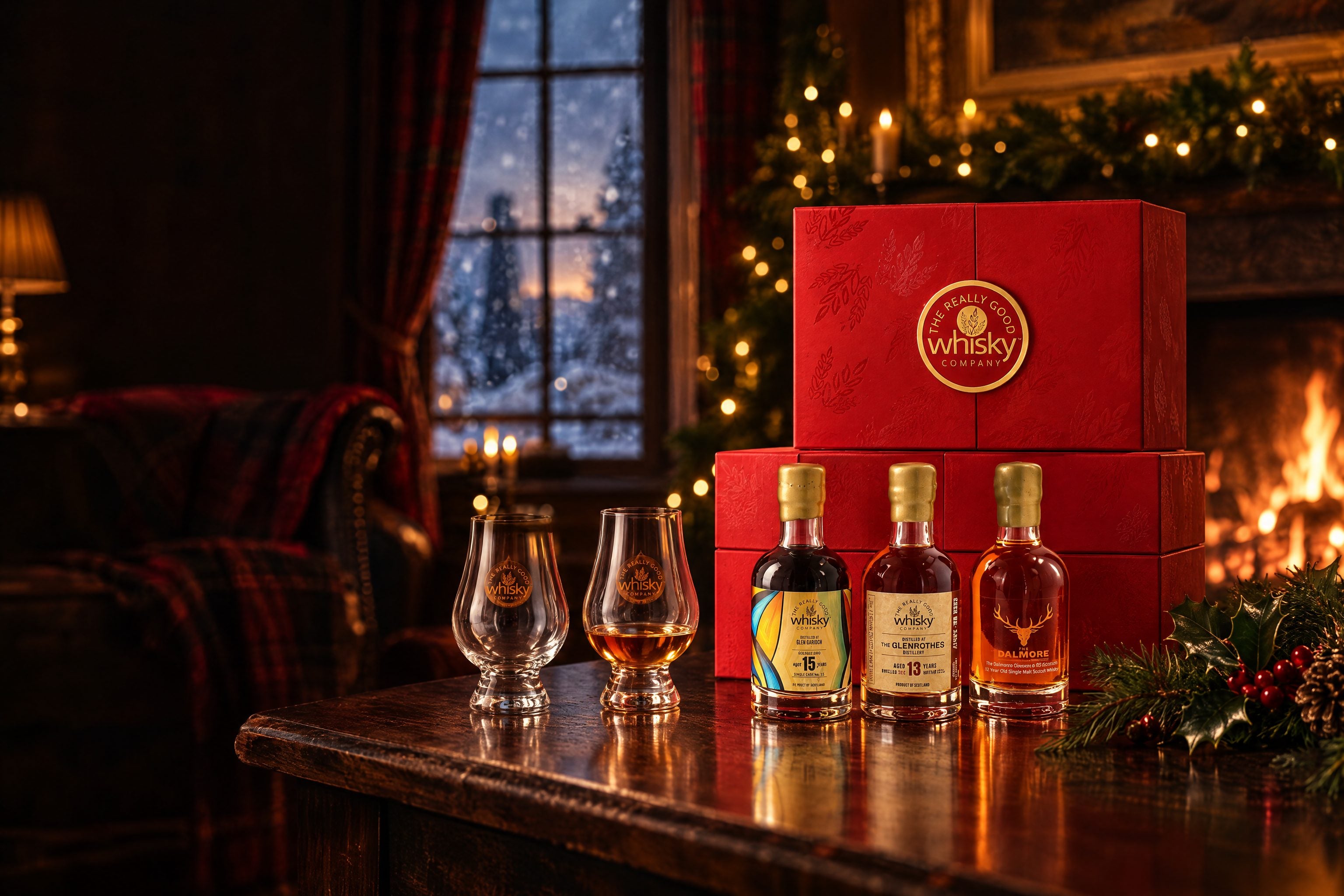 The Festive Sherry Vault by a fireplace on Christmas evening, with three bottles and two tasting glasses