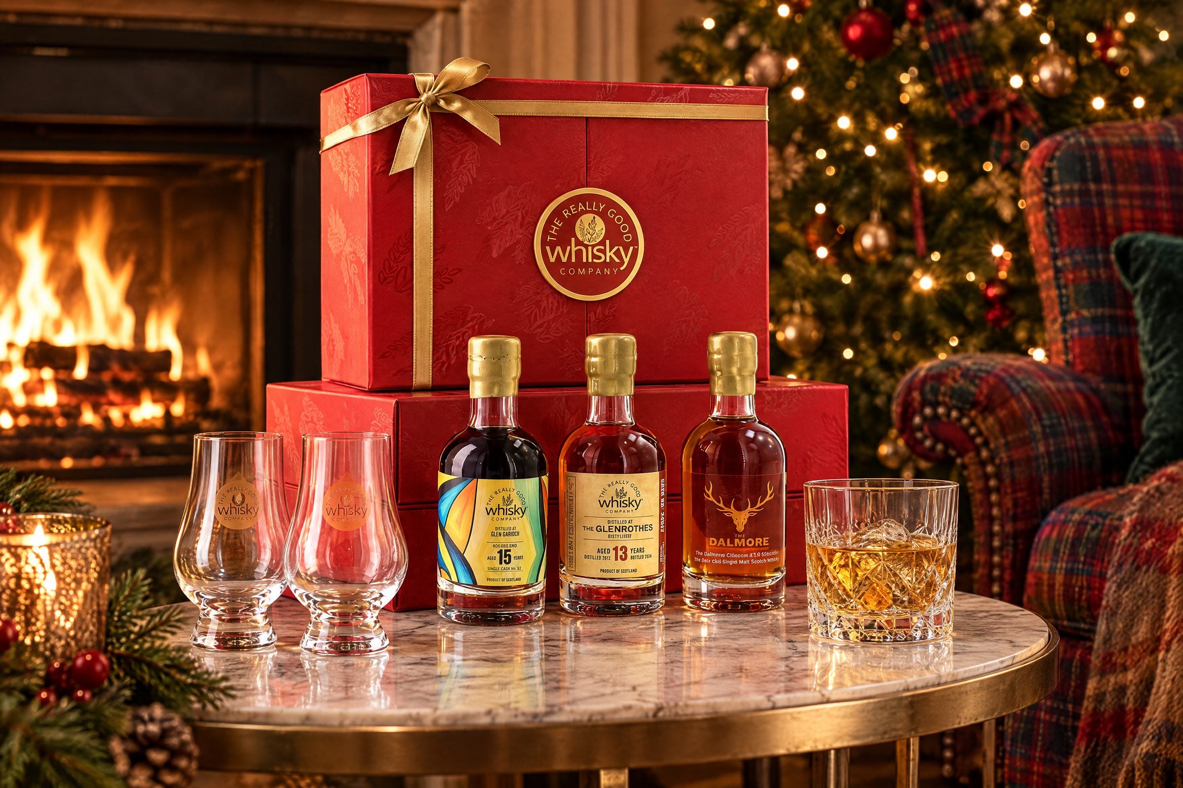 The Festive Sherry Vault gift box by a fireplace