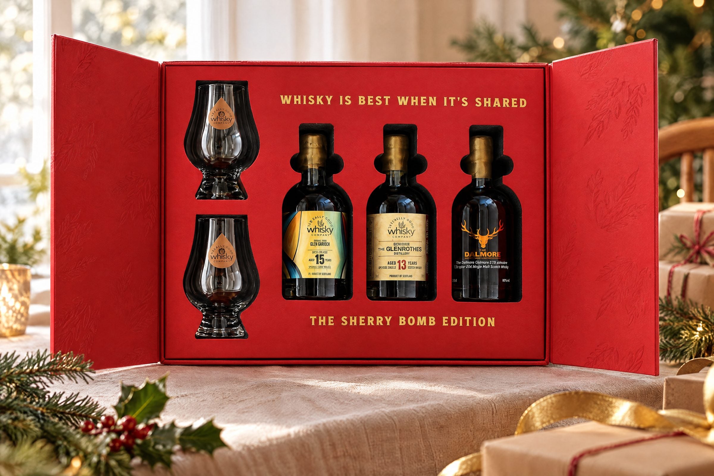 The Festive Sherry Vault opened to show two tasting glasses and three 20cl bottles