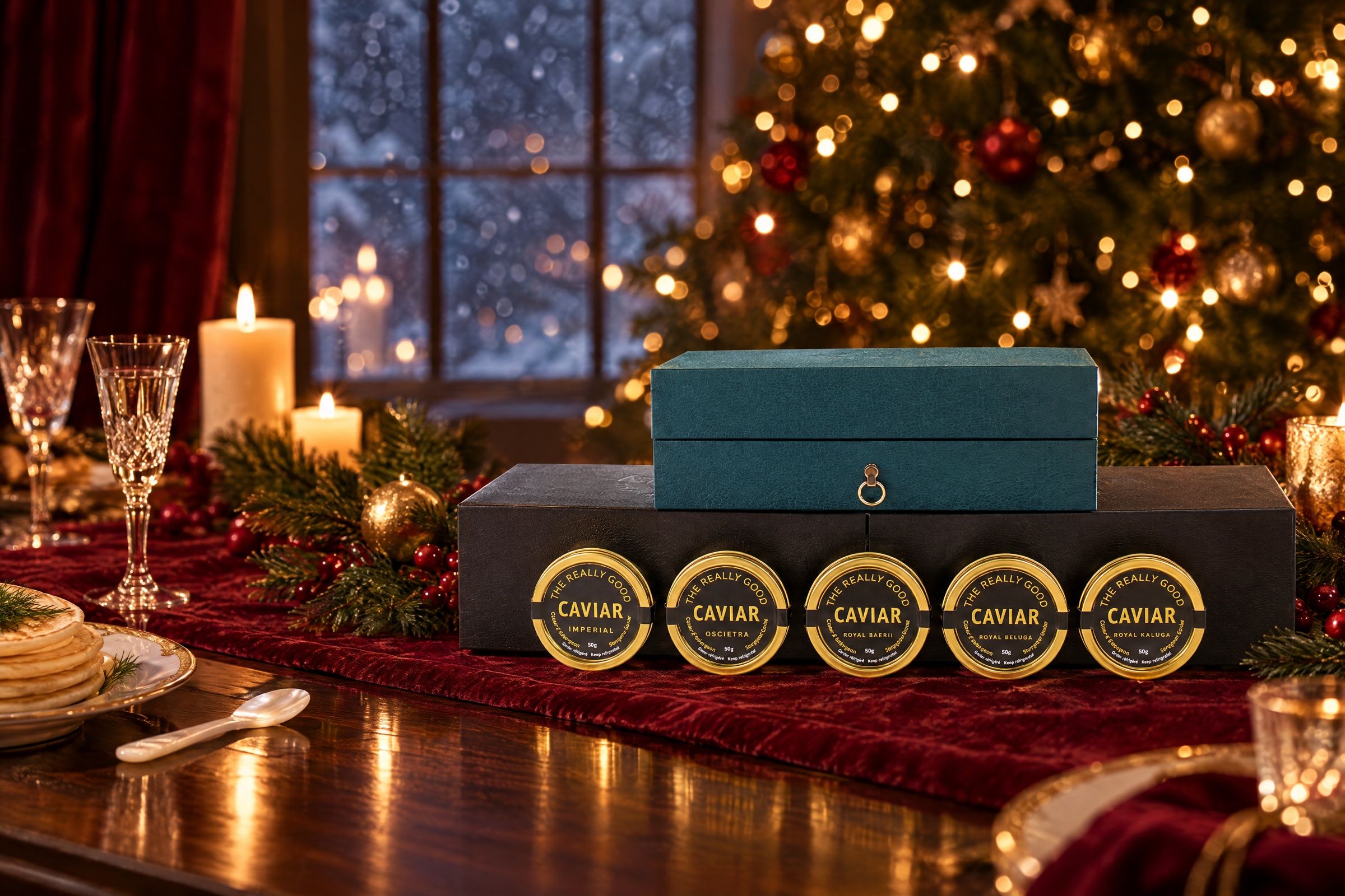 Tins of The Really Good Caviar and a gift chest on a candlelit Christmas dinner table